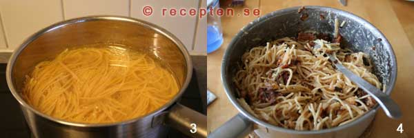 kokt spaghetti och den avrunna spaghettin blandad med ägg och ostsmeten. hur man gör pasta carbonara del 2