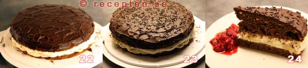 Den färdiga chokladtårtan, servera en tårt bit med hallon. Färdig chokladtårta
