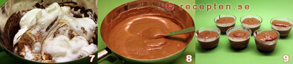 Rör försiktigt ihop smeten till chokladsuffléerna och fördela i formarna. rör försiktigt ihop chokladsufflésmeten