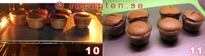 Grädda chokladsuffléerna i mitten av ugnen. grädda chokladsuffléerna