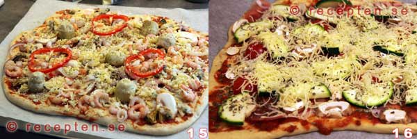 Pizza förslag på fyllning skaldjurspizza och pizza med zucchini