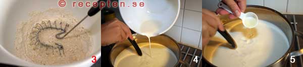 Att göra ostkaka - värma mjölk, ostlöpe och vetemjöl