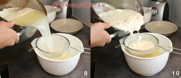 Hur man separerar vasslen och ostmassa genom att sila sila ostmassan och häll av vasslen