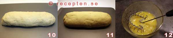 Baka ut till en längd, låt jäsa och pensla med ägg Utbakad semlelängd