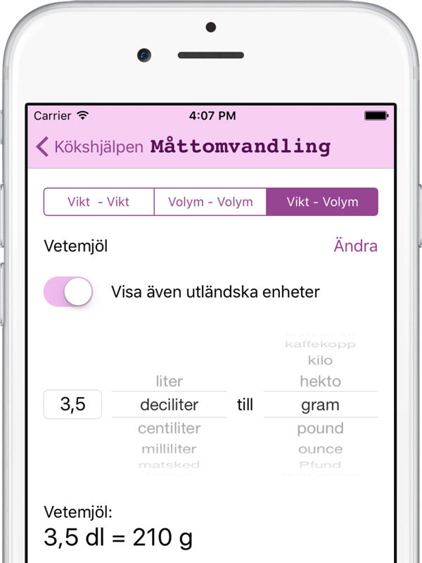 Måttomvandling med appen Kökshjälpen